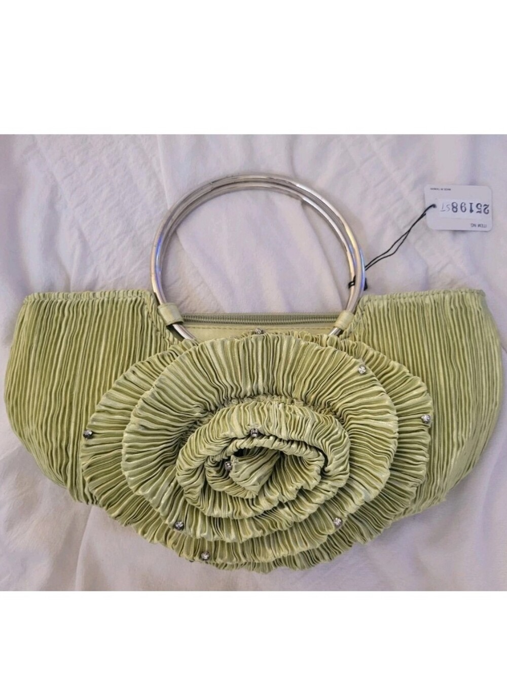 Y2k Retro Satin Purse Clutch Sage Rhinestone Pleated Handbag Silver Hoop Handle